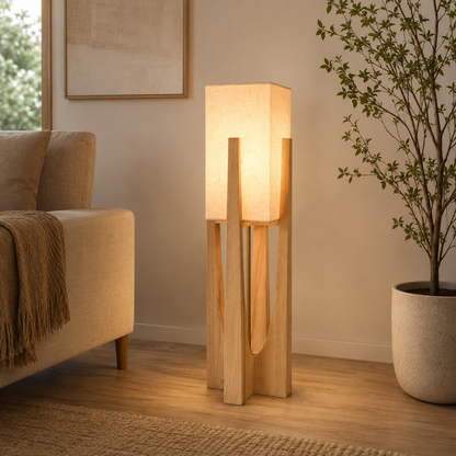 Wabi Sabi Fabric Shade Floor Lamp With Wooden Base | Mirevia