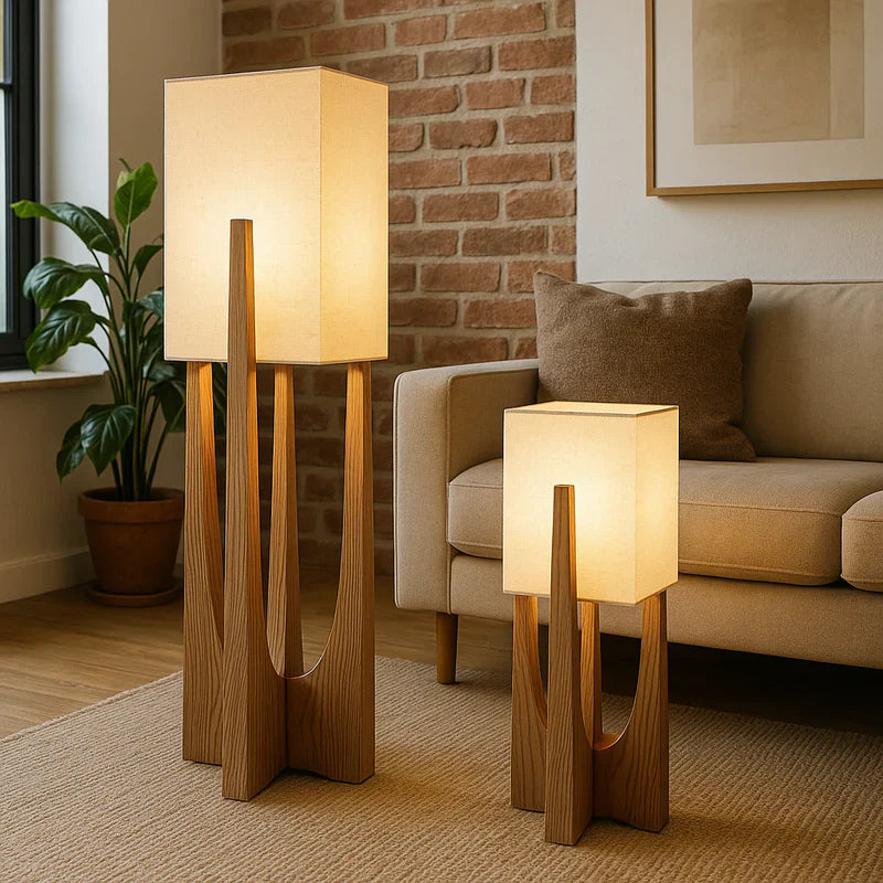 Wabi Sabi Fabric Shade Floor Lamp With Wooden Base | Mirevia