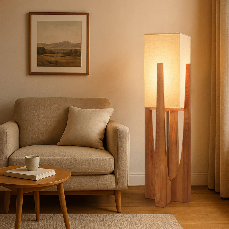 Wabi Sabi Fabric Shade Floor Lamp With Wooden Base | Mirevia