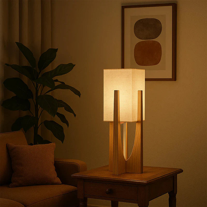 Wabi Sabi Fabric Shade Floor Lamp With Wooden Base | Mirevia