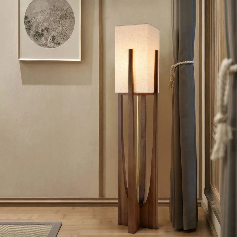 Wabi Sabi Fabric Shade Floor Lamp With Wooden Base | Mirevia