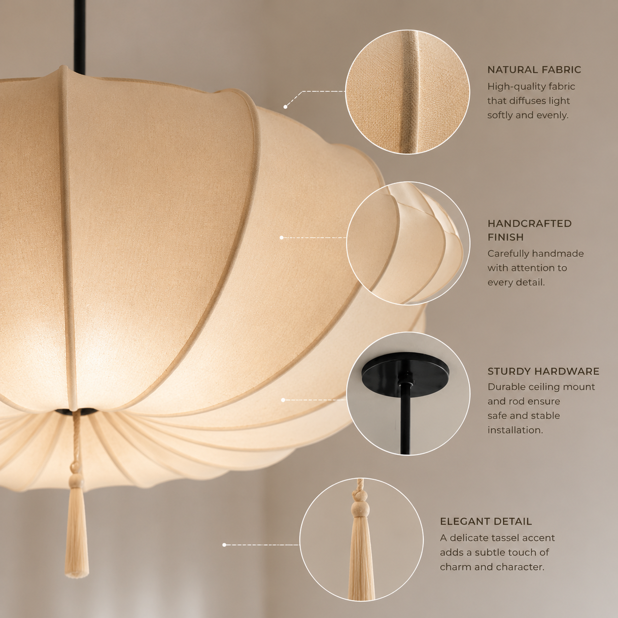Wabi Sabi Natural Fabric Pendant Light with Cream Shade Tyvera
