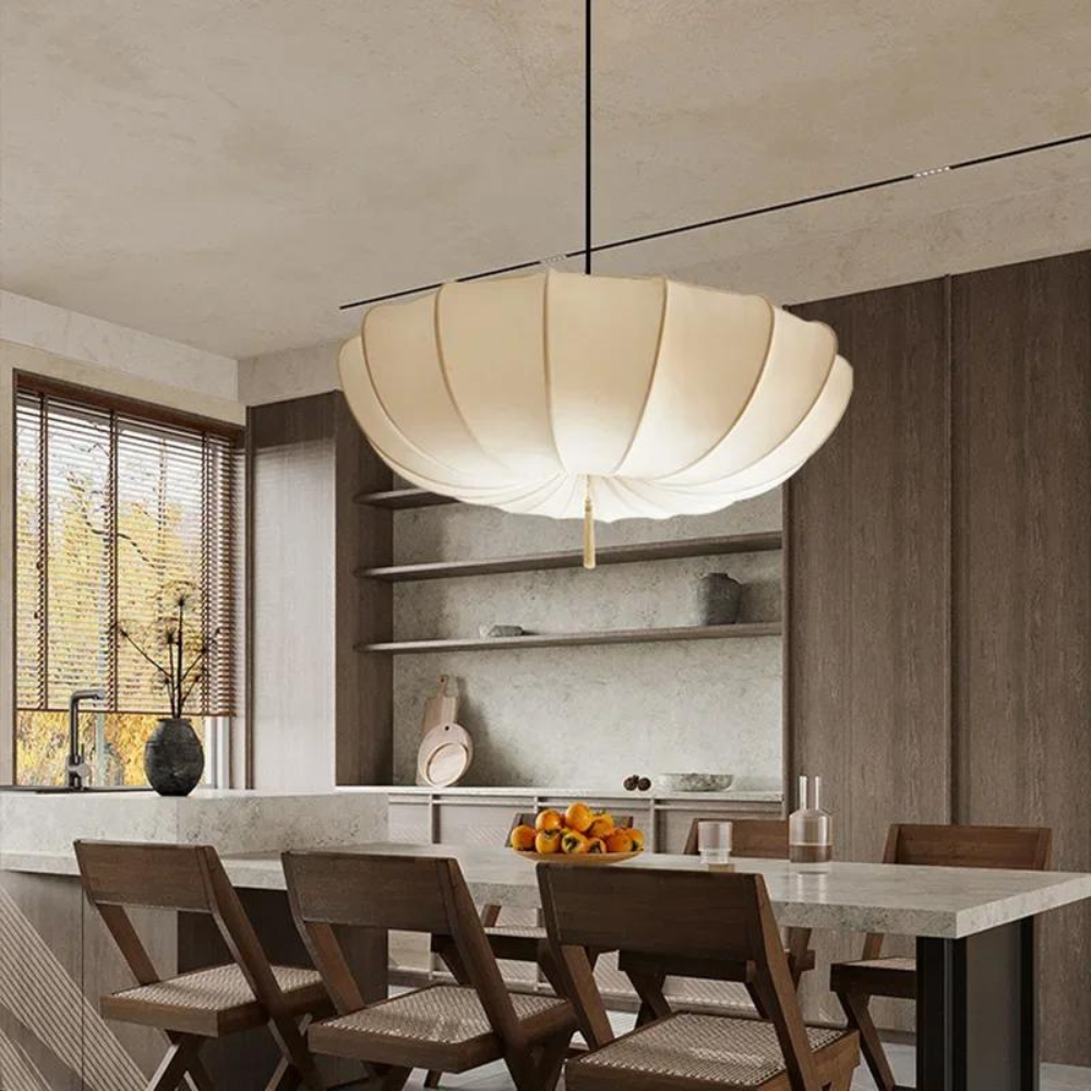 Wabi Sabi Natural Fabric Pendant Light with Cream Shade | Tyvera