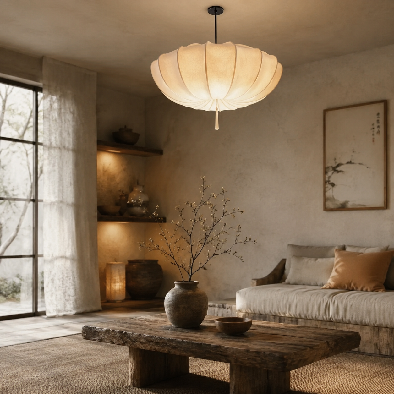 Wabi Sabi Natural Fabric Pendant Light with Cream Shade Tyvera
