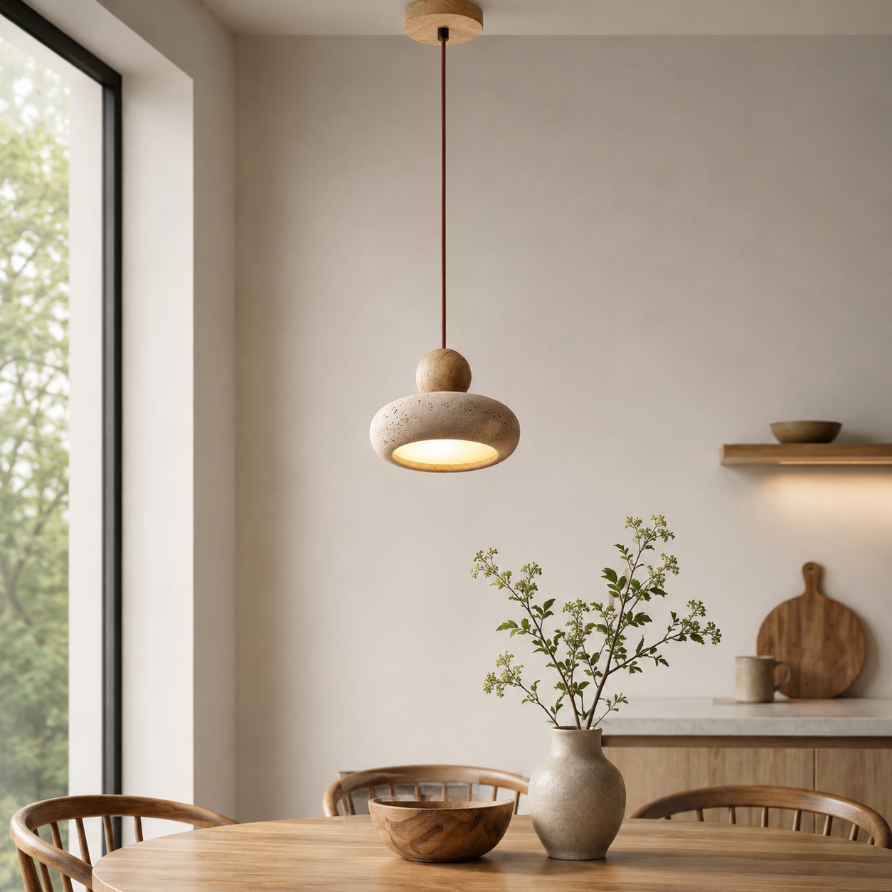 Wabi Sabi Travertine Pendant Light With Natural Wood | Jorvian