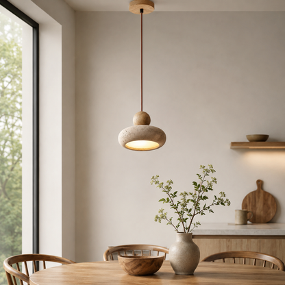 Wabi Sabi Travertine Pendant Light With Natural Wood | Jorvian