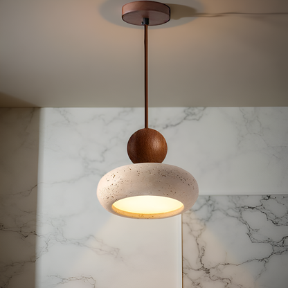 Wabi Sabi Travertine Pendant Light With Natural Wood | Jorvian