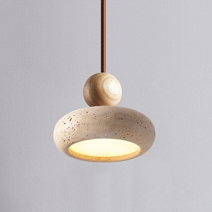 Wabi Sabi Travertine Pendant Light With Natural Wood | Jorvian