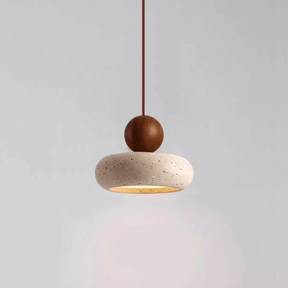 Wabi Sabi Travertine Pendant Light With Natural Wood | Jorvian