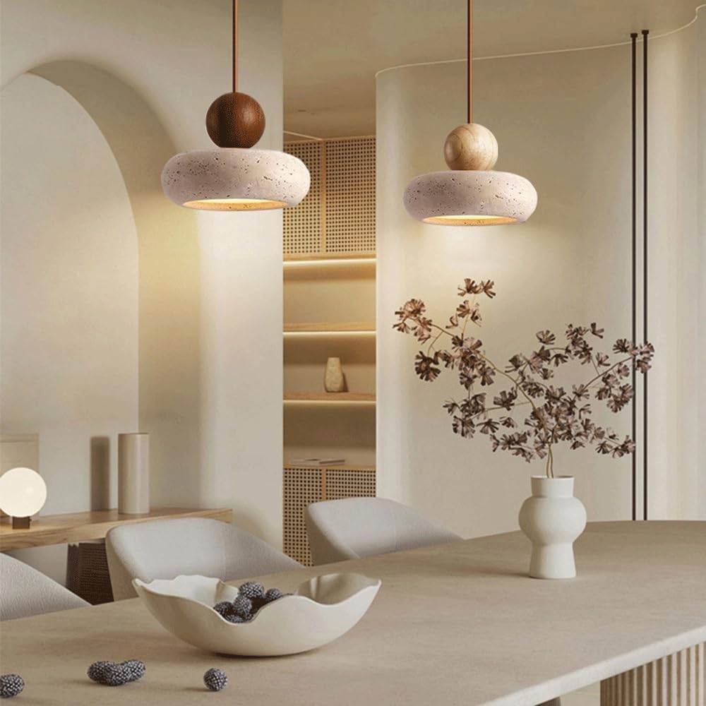 Wabi Sabi Travertine Pendant Light With Natural Wood | Jorvian