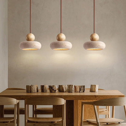 Wabi Sabi Travertine Pendant Light With Natural Wood | Jorvian