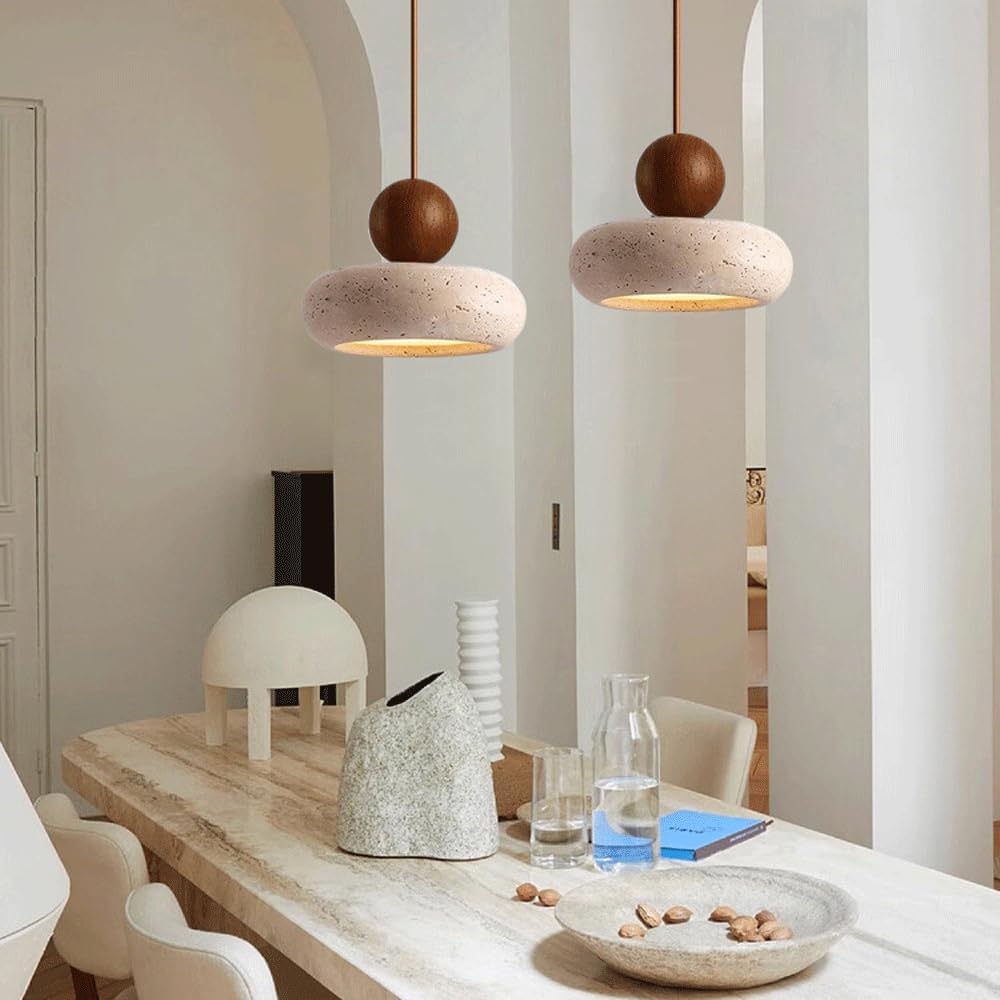Wabi Sabi Travertine Pendant Light With Natural Wood | Jorvian