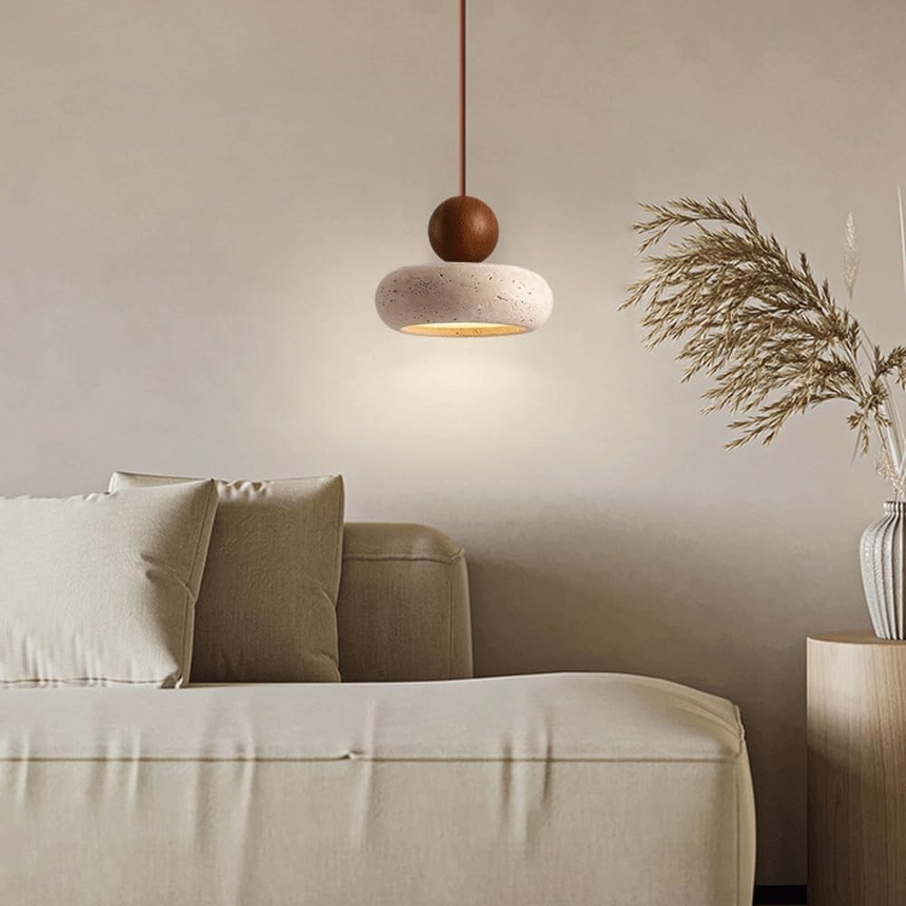 Wabi Sabi Travertine Pendant Light With Natural Wood | Jorvian