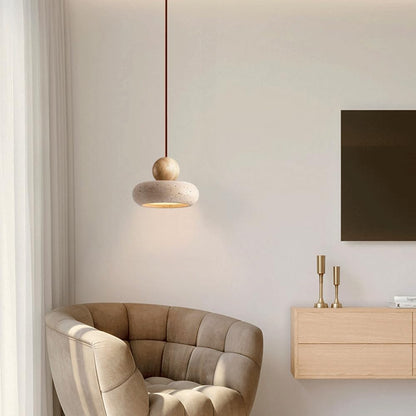 Wabi Sabi Travertine Pendant Light With Natural Wood | Jorvian