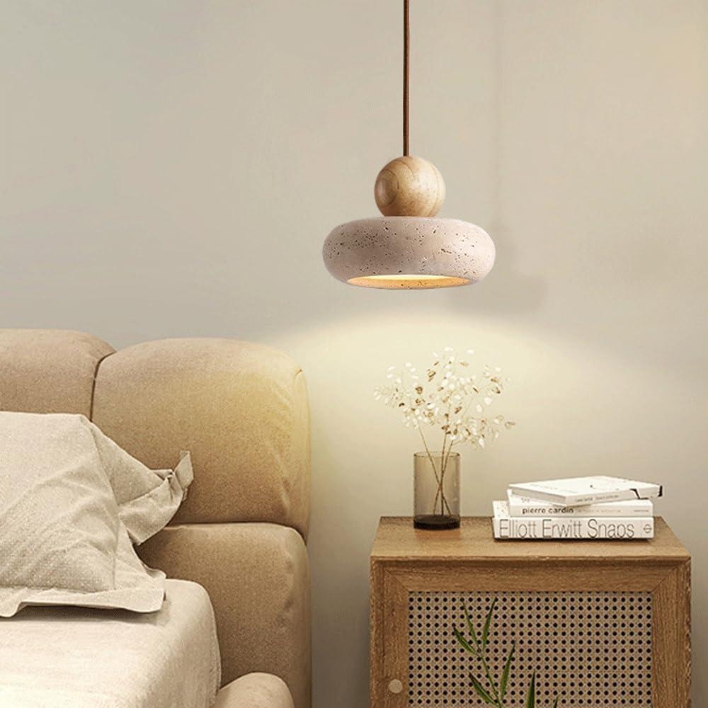 Wabi Sabi Travertine Pendant Light With Natural Wood | Jorvian