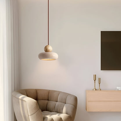 Wabi Sabi Travertine Pendant Light With Natural Wood | Jorvian