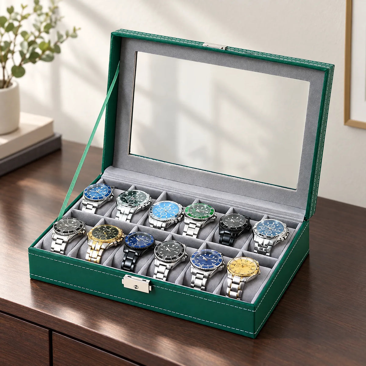 Watch Box with Clear Display Lid Removable Cushions and Lock