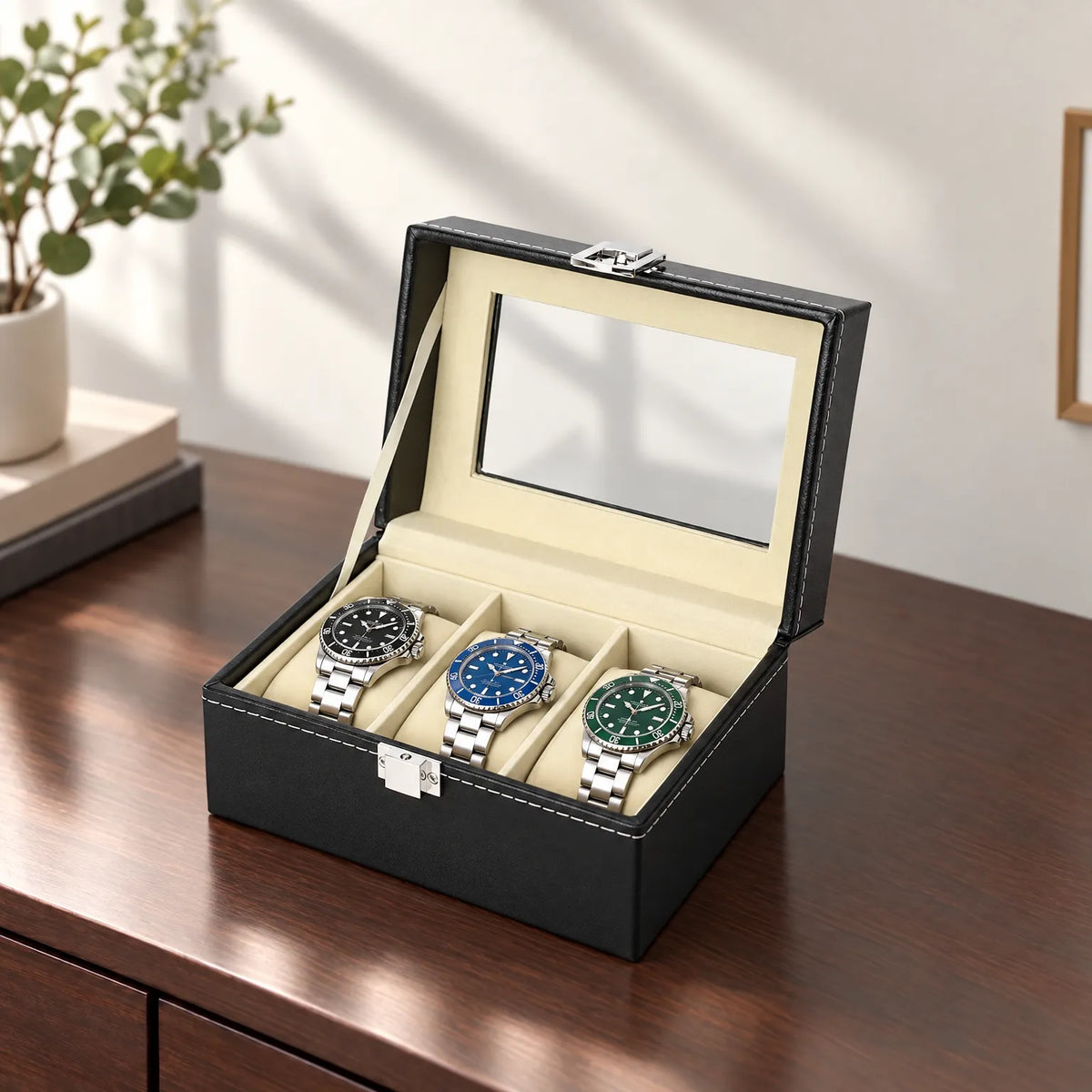Watch Box with Clear Display Lid Removable Cushions and Lock