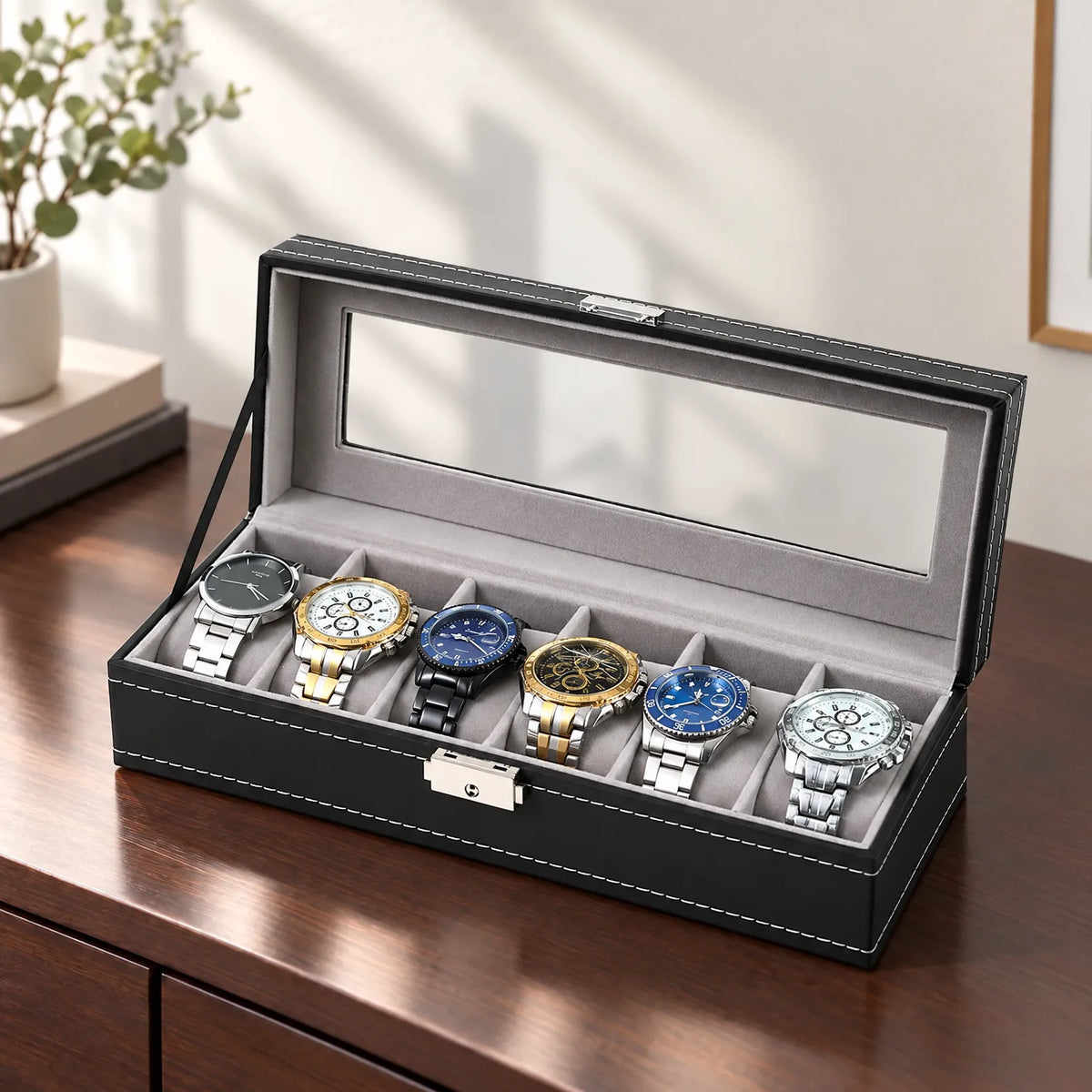 Watch Box with Clear Display Lid Removable Cushions and Lock