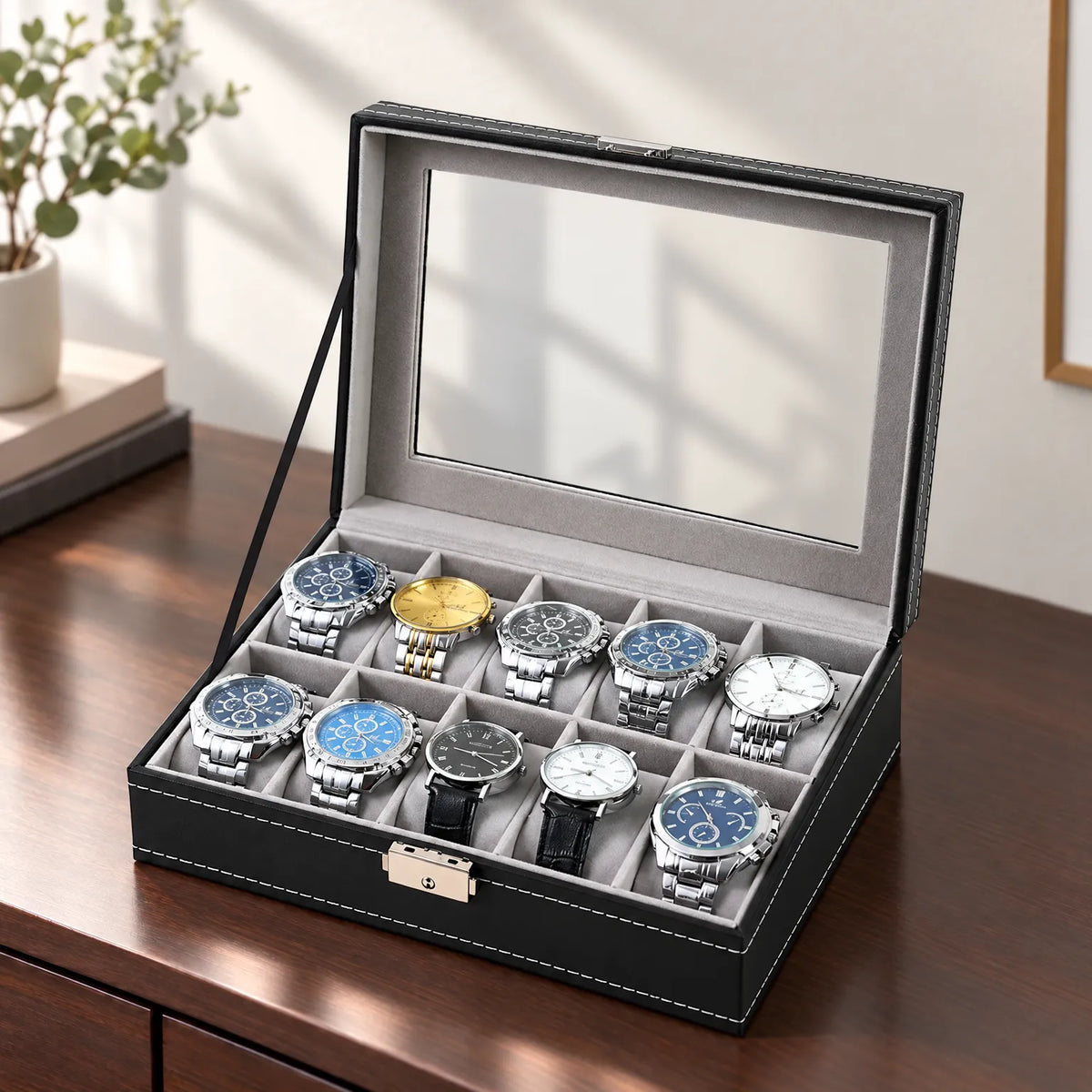 Watch Box with Clear Display Lid Removable Cushions and Lock