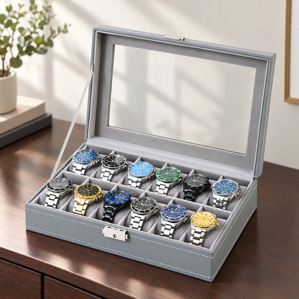 Watch Box with Clear Display Lid Removable Cushions and Lock