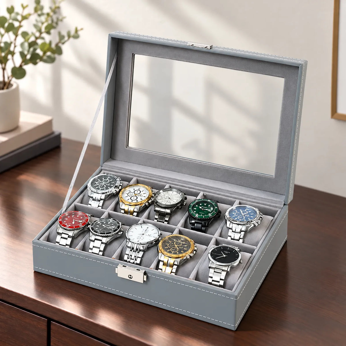 Watch Box with Clear Display Lid Removable Cushions and Lock