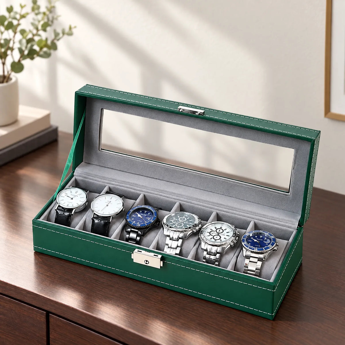 Watch Box with Clear Display Lid Removable Cushions and Lock