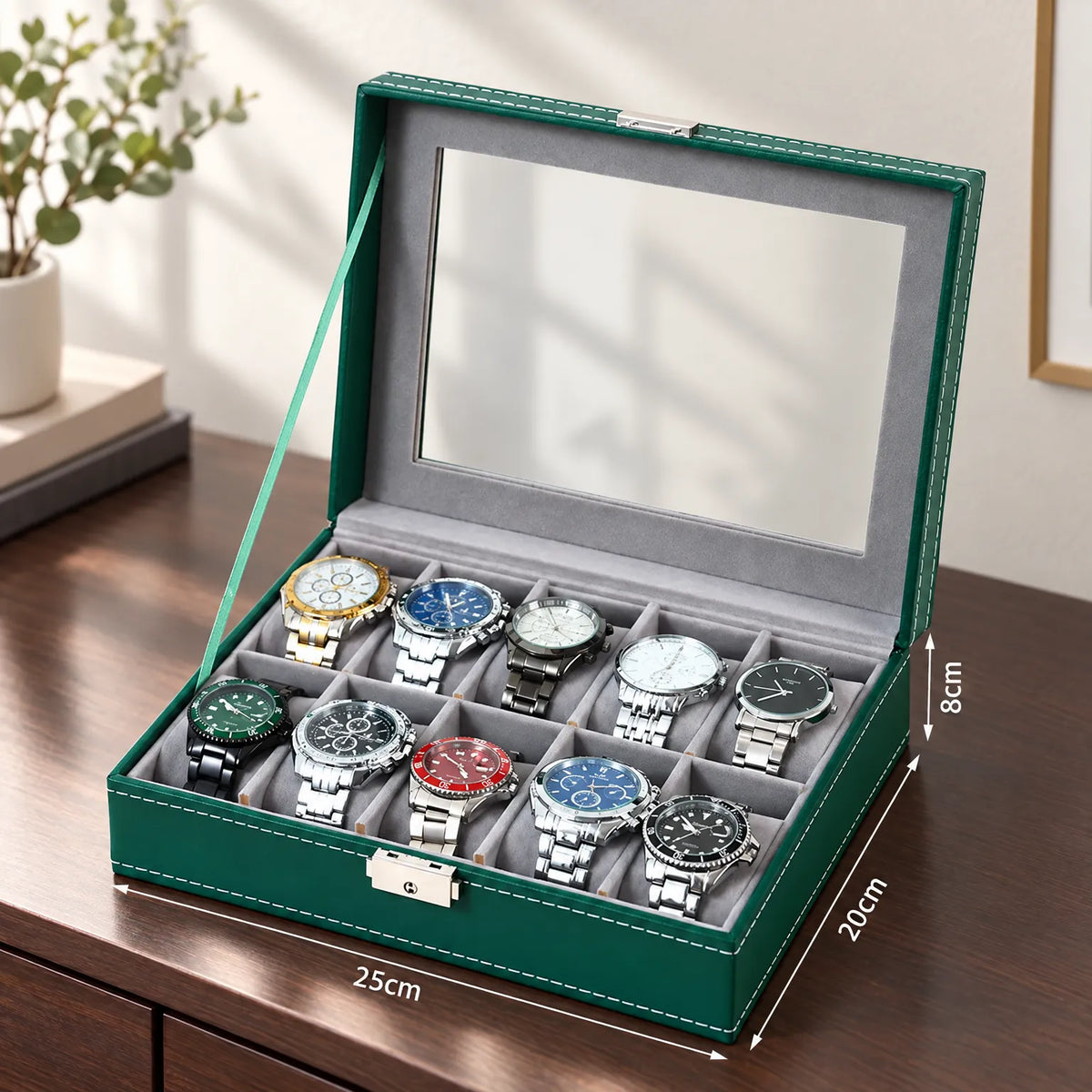 Watch Box with Clear Display Lid Removable Cushions and Lock