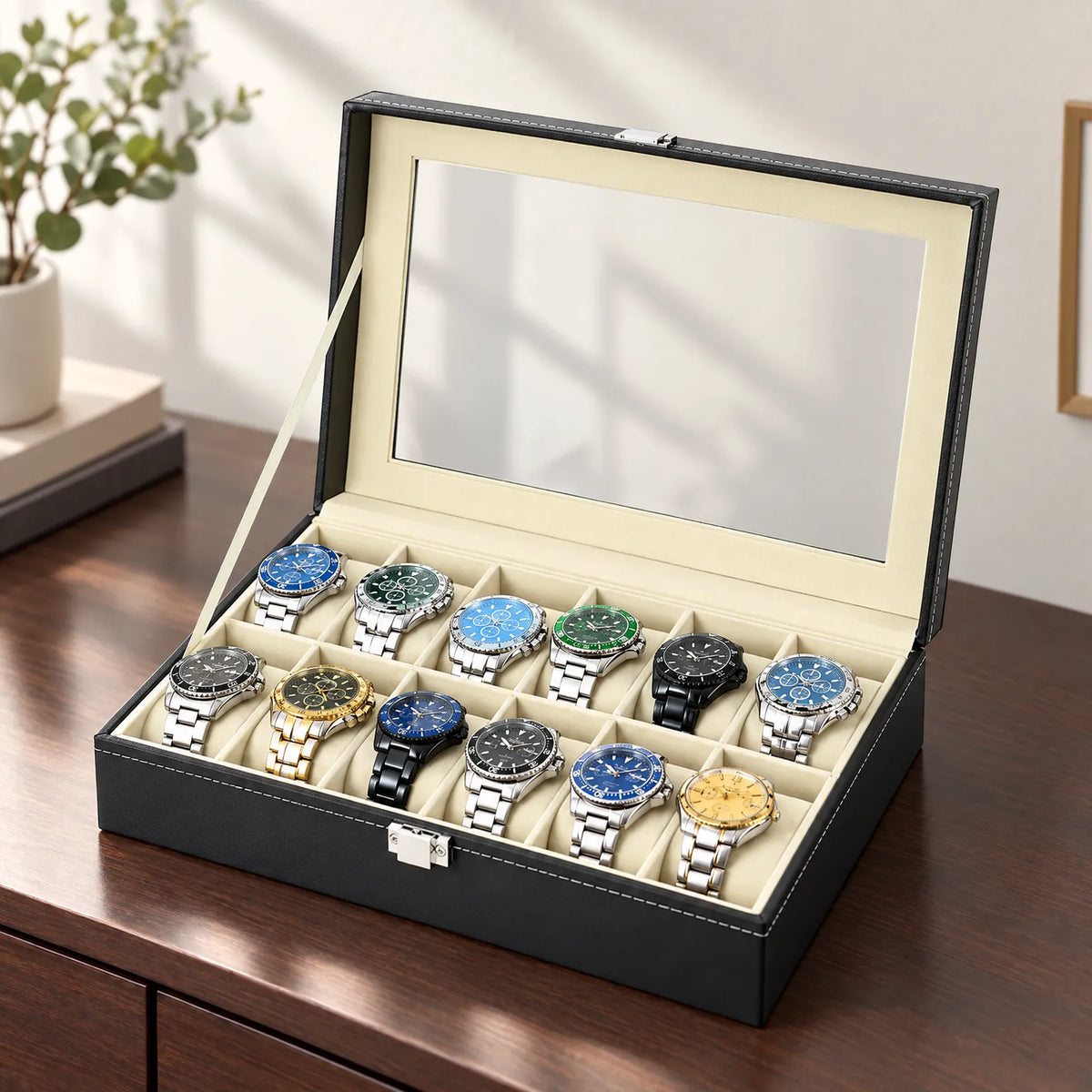 Watch Box with Clear Display Lid Removable Cushions and Lock