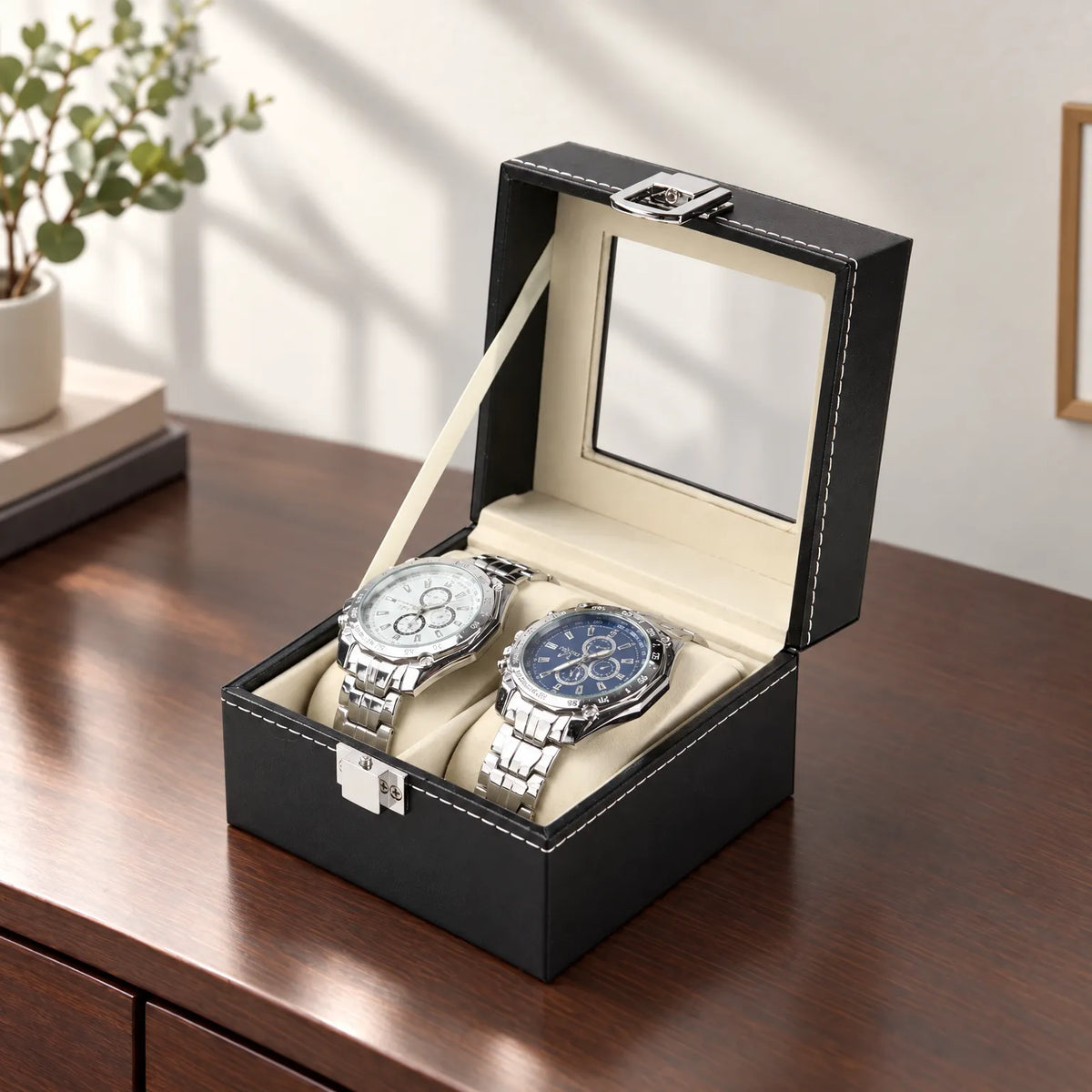 Watch Box with Clear Display Lid Removable Cushions and Lock