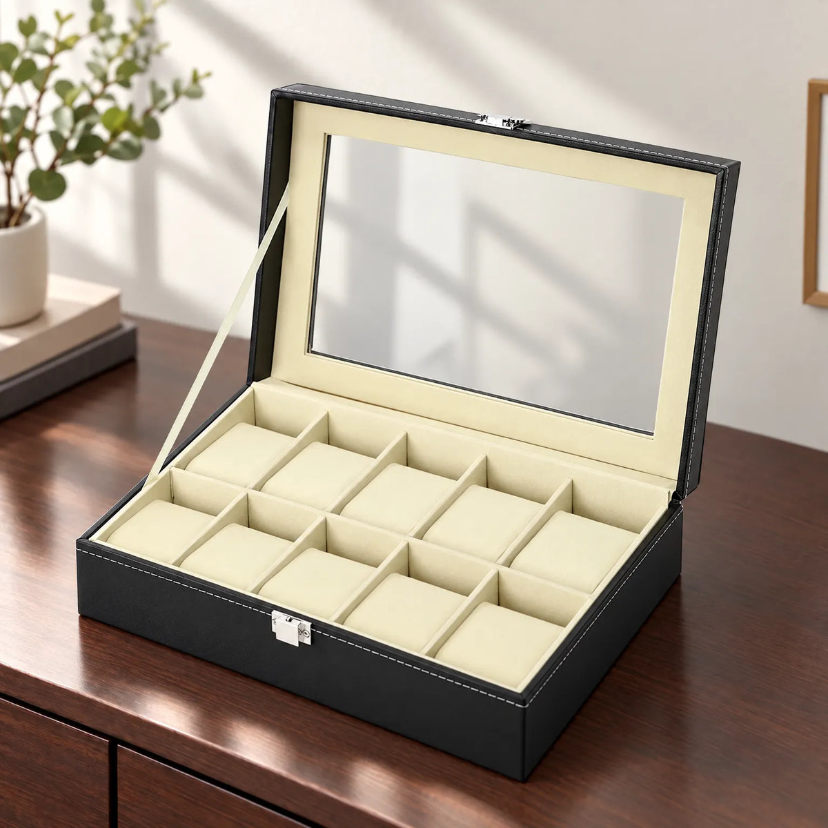 Watch Box with Clear Display Lid Removable Cushions and Lock