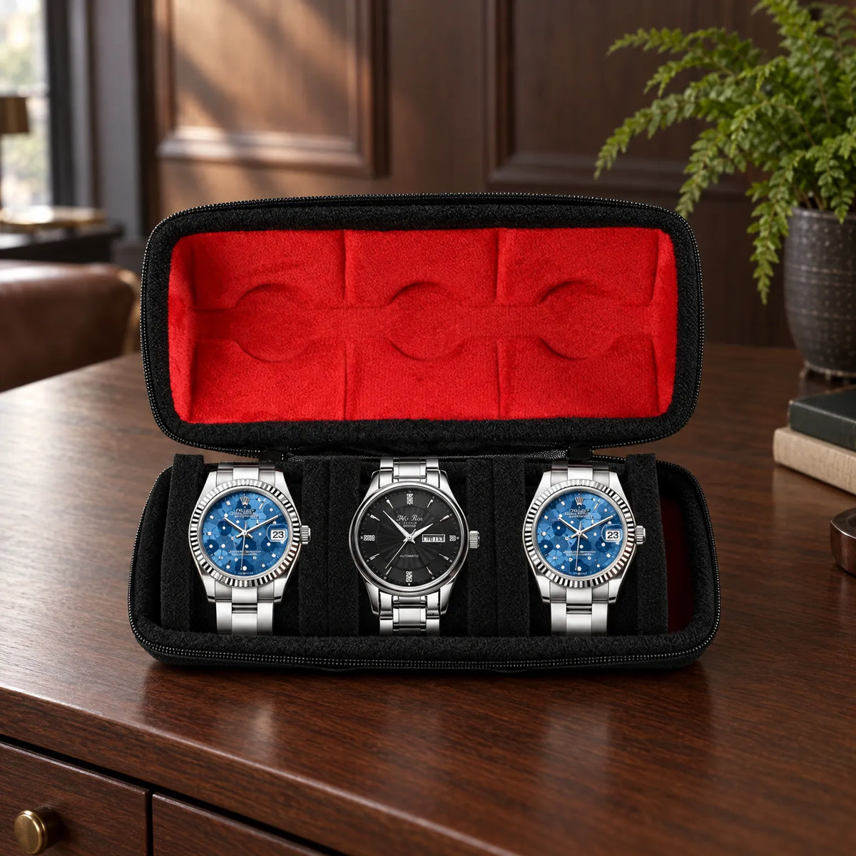 Watch Box with Hard Shell Zipper Closure and Removable Cushions