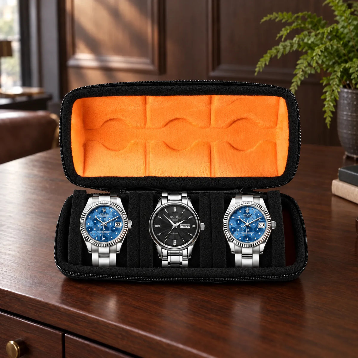 Watch Box with Hard Shell Zipper Closure and Removable Cushions