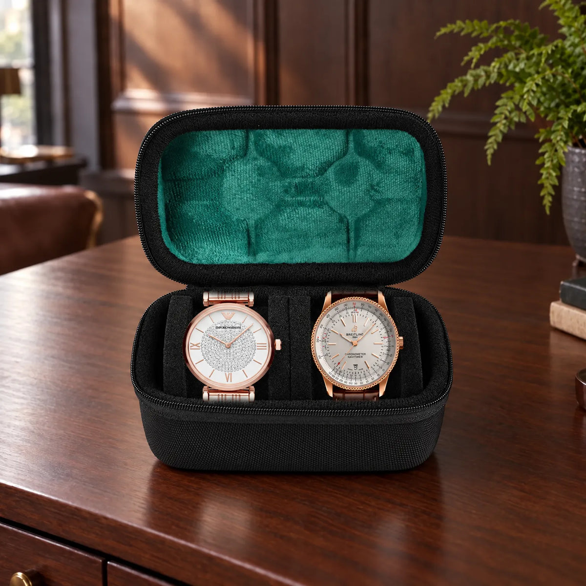 Watch Box with Hard Shell Zipper Closure and Removable Cushions