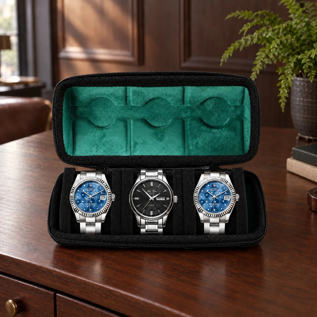 Watch Box with Hard Shell Zipper Closure and Removable Cushions
