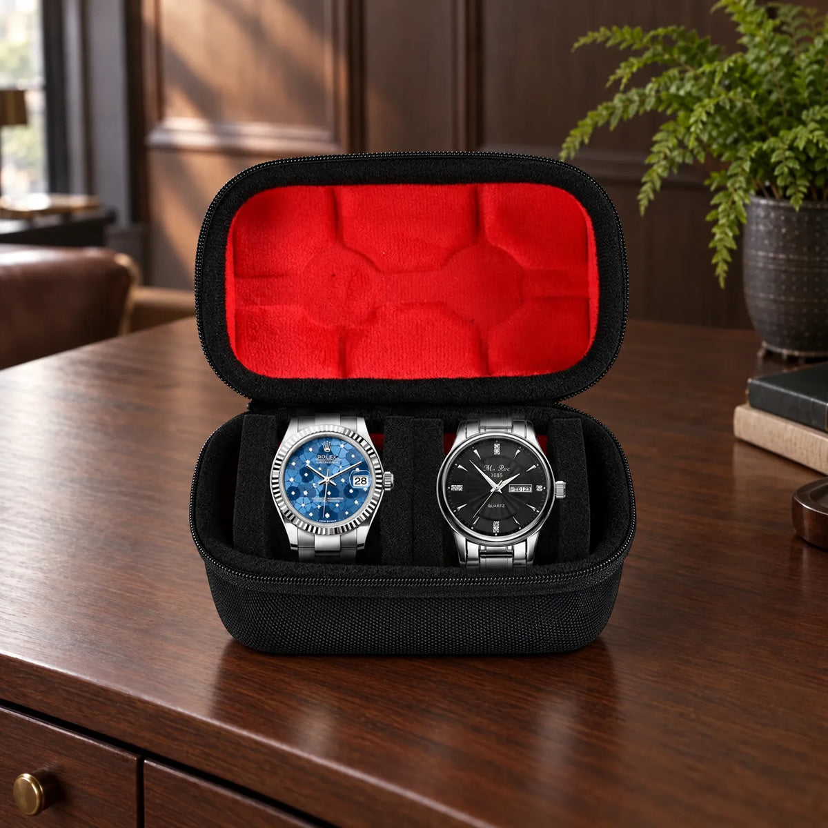 Watch Box with Hard Shell Zipper Closure and Removable Cushions