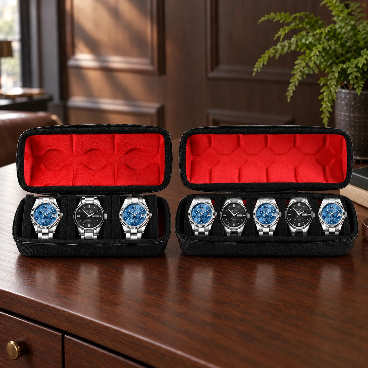 Watch Box with Hard Shell Zipper Closure and Removable Cushions