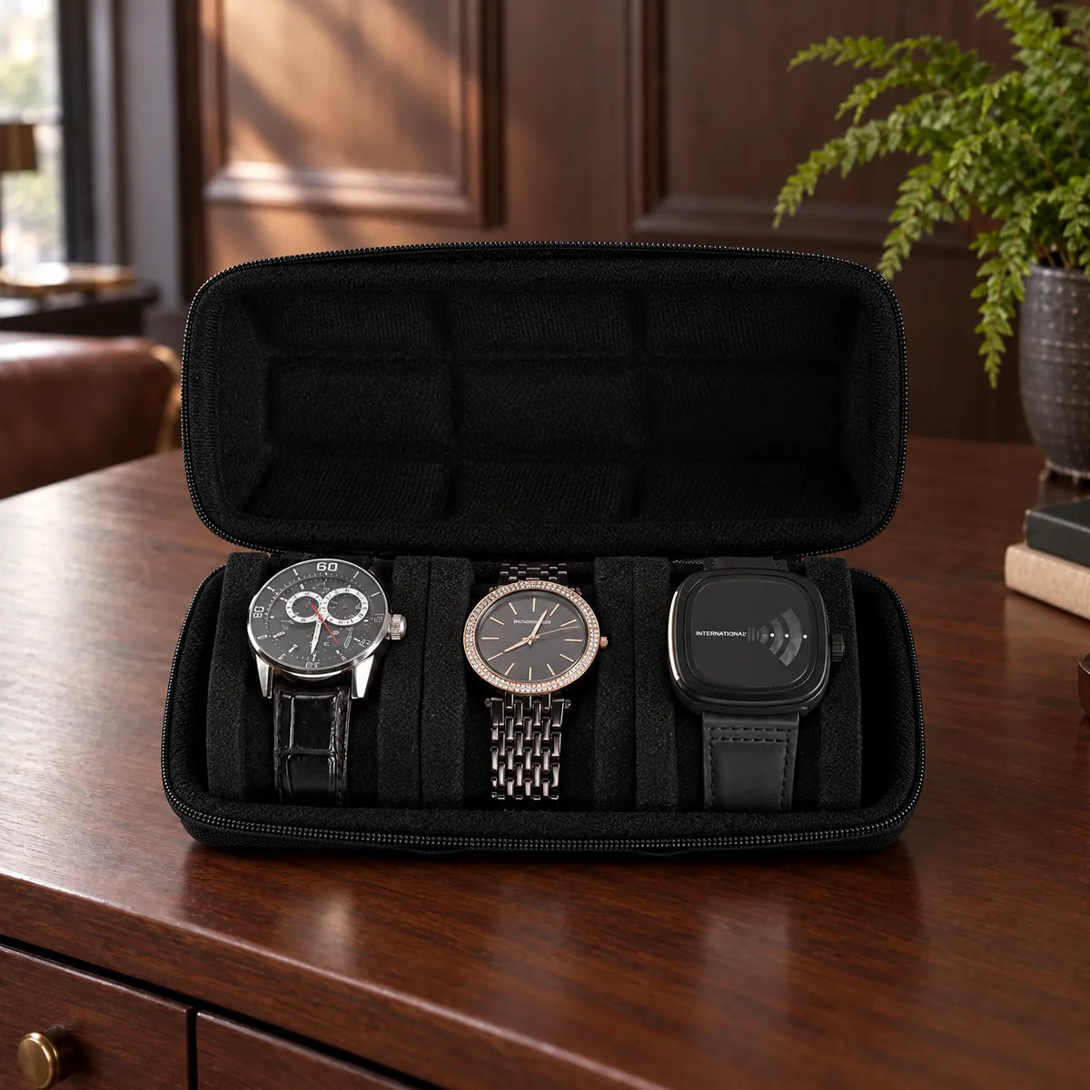 Watch Box with Hard Shell Zipper Closure and Removable Cushions