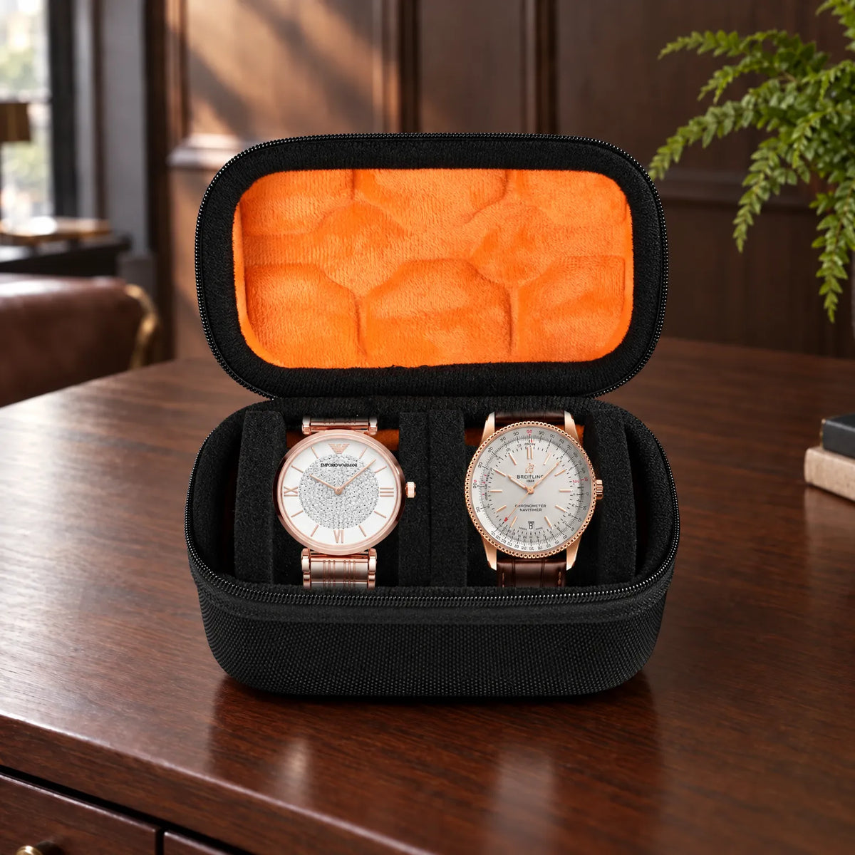 Watch Box with Hard Shell Zipper Closure and Removable Cushions