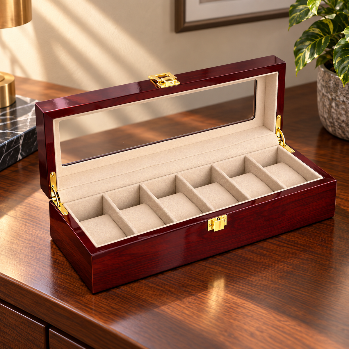 Watch Box with Wooden Finish Glass Display Lid and Soft Cushions