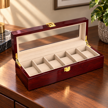 Watch Box with Wooden Finish Glass Display Lid and Soft Cushions