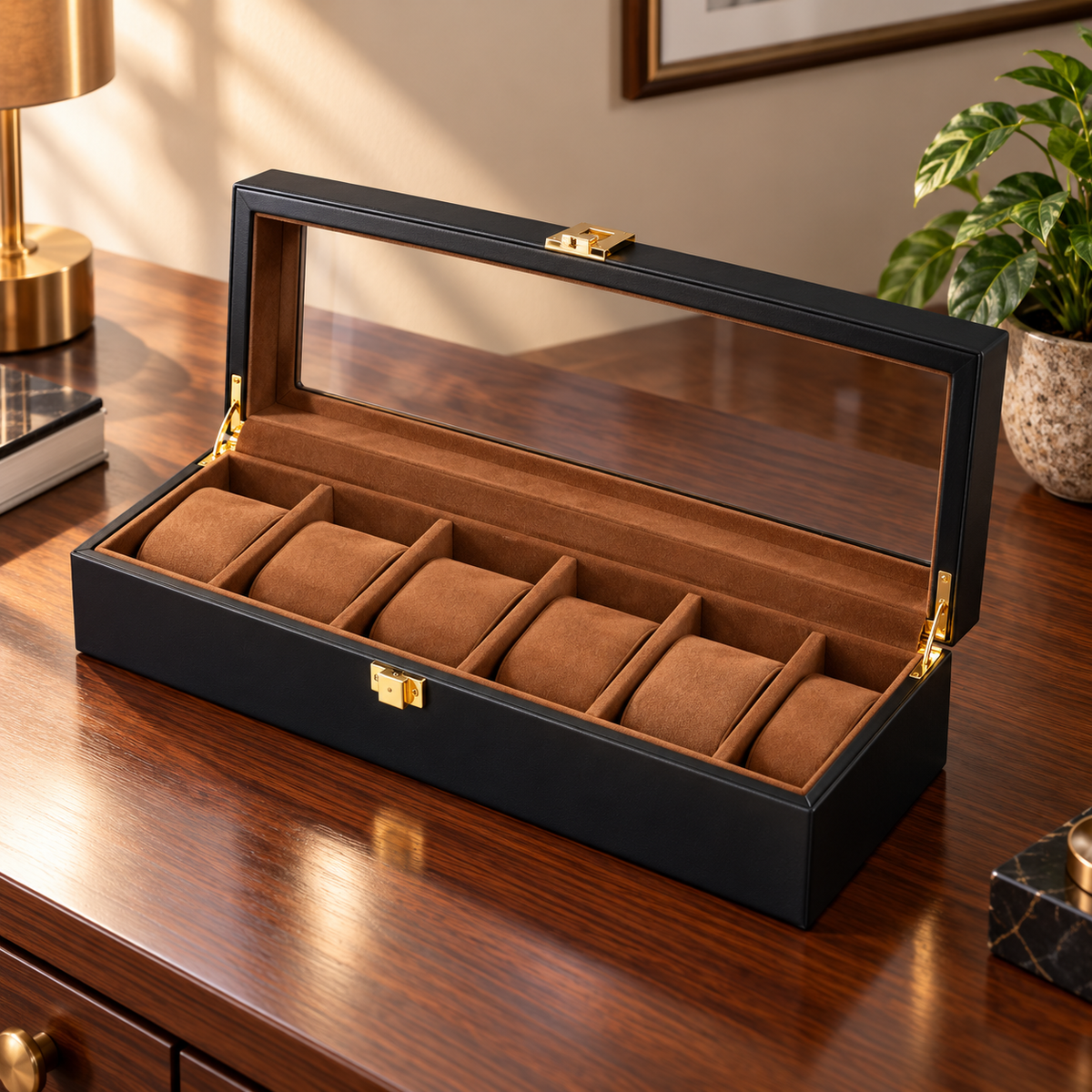 Watch Box with Wooden Finish Glass Display Lid and Soft Cushions