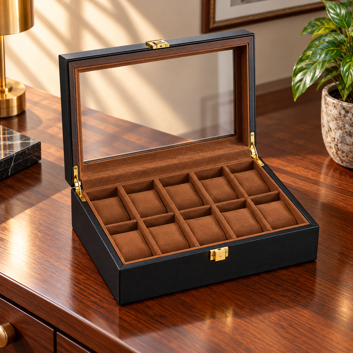 Watch Box with Wooden Finish Glass Display Lid and Soft Cushions