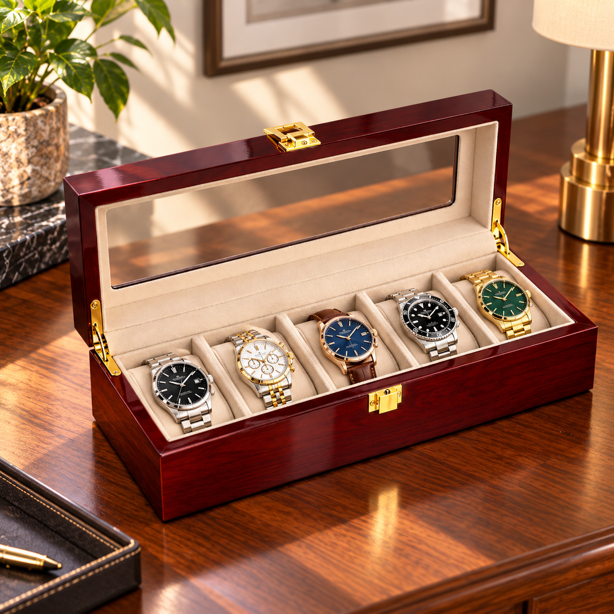 Watch Box with Wooden Finish Glass Display Lid and Soft Cushions