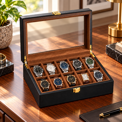 Watch Box with Wooden Finish Glass Display Lid and Soft Cushions