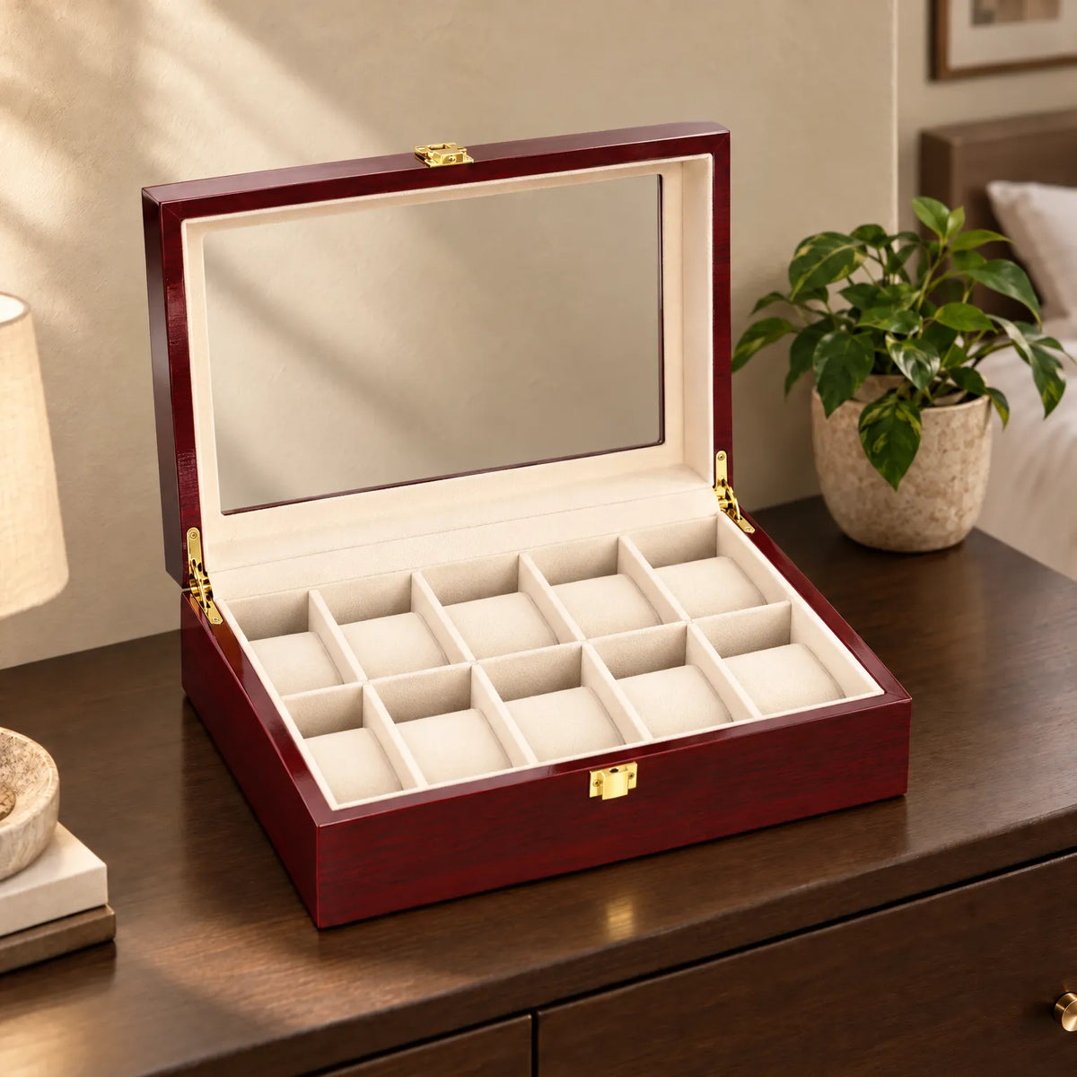 Watch Box with Wooden Finish Glass Display Lid and Soft Cushions
