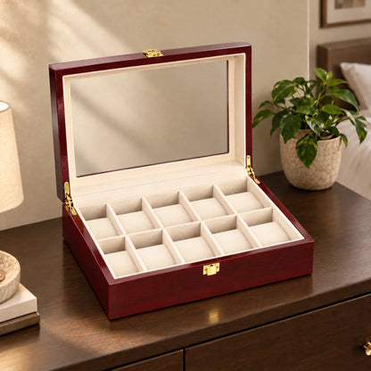 Watch Box with Wooden Finish Glass Display Lid and Soft Cushions