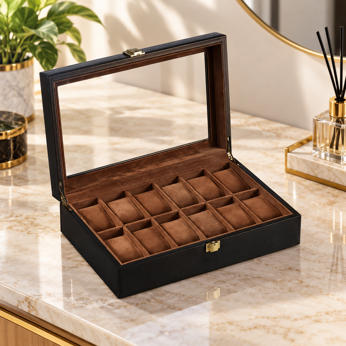 Watch Box with Wooden Finish Glass Display Lid and Soft Cushions