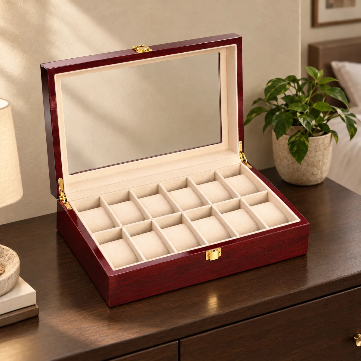Watch Box with Wooden Finish Glass Display Lid and Soft Cushions