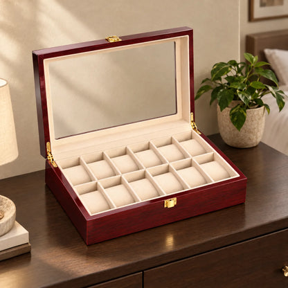 Watch Box with Wooden Finish Glass Display Lid and Soft Cushions